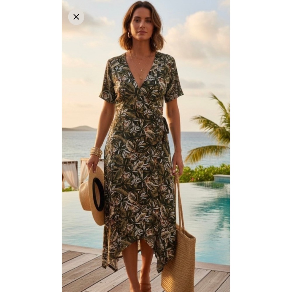 Banana Republic Wrap Midi Dress Women 12 Green Tropical Tiger NWT Handkerchief